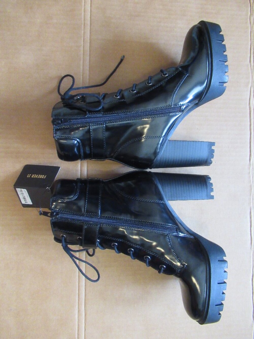 NWT Forever 21 Black Patent Lace Up Buckle Chunky Heel Ankle Boots | Size 7 - Picture 5 of 16